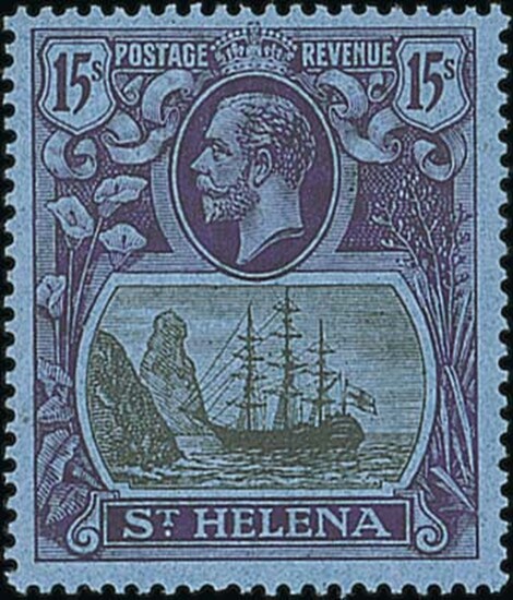 St. Helena 1922-37 Script 15/- grey and purple on blue, large part original gum; fairly well-c...