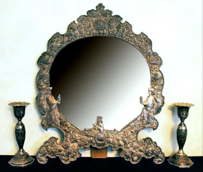 Sterling Silver Rococo Style Table Mirror With Candle