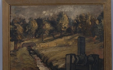 Stream and weir, mid-20th century oil on board, indistinctly...