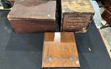 THREE ANTIQUE BOXES INCLUDES TEA BOX, COLLAPSIBLE SHAVING MIRROR, AND RED PAINTED COUNTRY BOX. 10" X