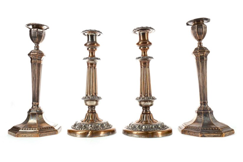 TWO PAIRS OF MID-19TH CENTURY SHEFFIELD PLATE CANDLESTICKS AND A CANDELABRUM