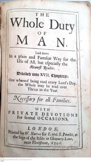 The whole duty of man. By Richard Allestree. 1706. Drawings. Christian life and faith. Pirced in the internet for 500£, 475$. Very Rare.