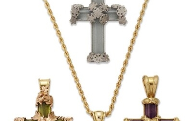 Theo Fennell, four gem-set and diamond cross pendants, by Theo Fennell, set with cabochon amethyst, tourmaline and peridot respectively, and a rope work chain, all signed Fennell, British hallmarks for 18 carat gold, approximate length of each...