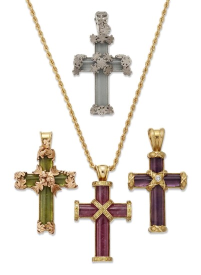 Theo Fennell, four gem-set and diamond cross pendants, by Theo Fennell, set with cabochon amethyst, tourmaline and peridot respectively, and a rope work chain, all signed Fennell, British hallmarks for 18 carat gold, approximate length of each...