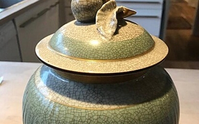 SOLD. Thorkild Olsen: Porcelain lidded vase, decorated in green and gold. 457/2781. Royal Copenhagen. H. app. 30 cm. – Bruun Rasmussen Auctioneers of Fine Art