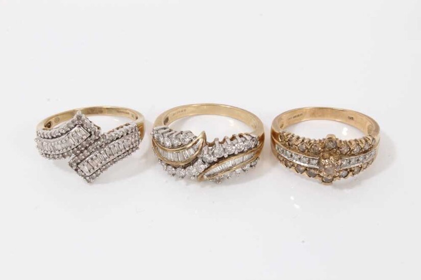 Three 9ct gold diamond set dress rings