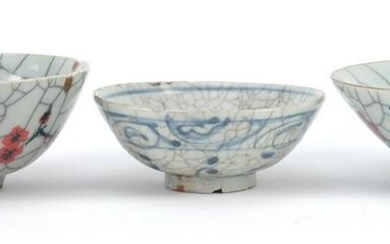 Three Chinese porcelain footed bowls, the largest 7cm