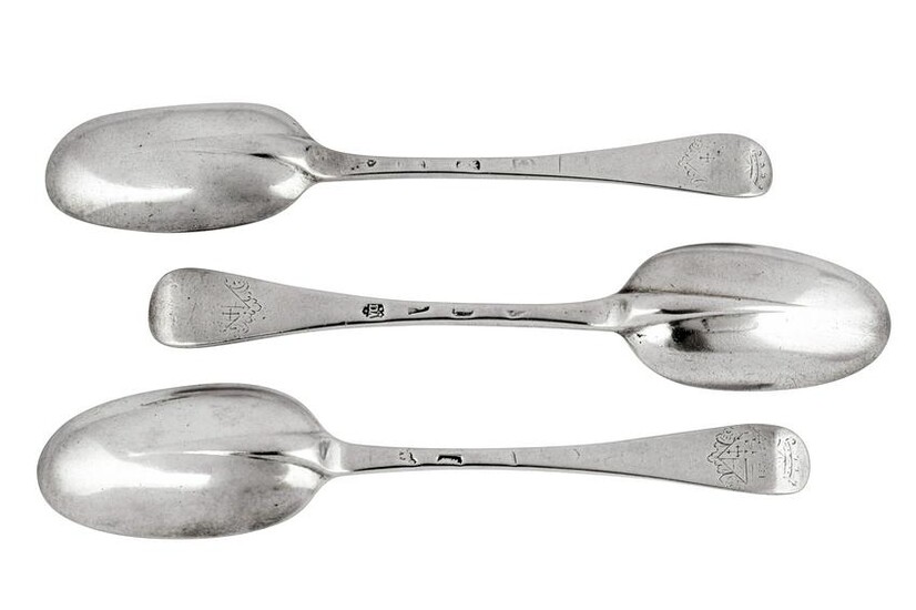 Three George I Britannia standard silver tablespoons