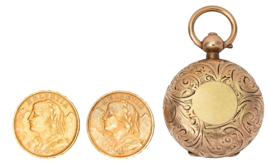 Two 20 Swiss Franc Vreneli gold coins, dated 1922 and 1947 and a gilt metal sovereign case. (3)