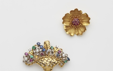 Two German 18k gold gemstone and pearl floral brooches.