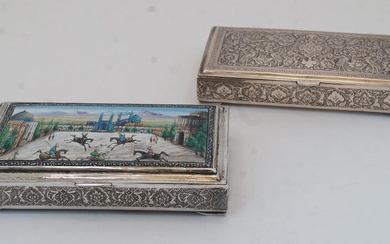Two Persian cigarette boxes, with Persian marks, one designed with enamelled panel to hinged lid depicting an a polo match in Naqsh-e Jahan Square in Isfahan, 2.8cm high, 16cm wide, 9.2cm deep; the other with hinged lid chased with exotic birds and...