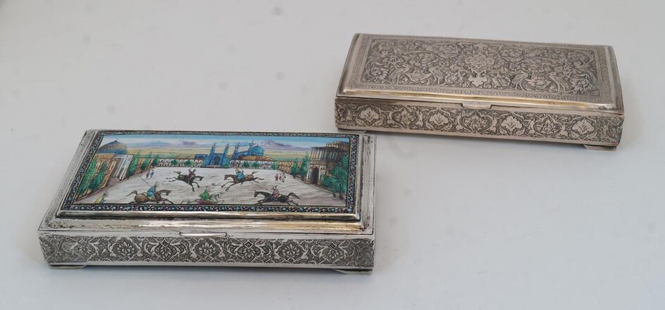 Two Persian cigarette boxes, with Persian marks, one designed with enamelled panel to hinged lid depicting an a polo match in Naqsh-e Jahan Square in Isfahan, 2.8cm high, 16cm wide, 9.2cm deep; the other with hinged lid chased with exotic birds and...