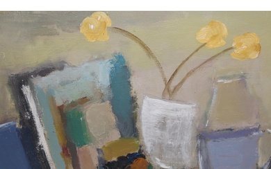 Two framed oils, still life with three yellow flowers and a ...