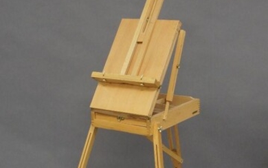Two modern artist's easels, comprising a beech folding travel easel by Costway Inc. with adjustable grip and tripod legs, storage shelf, portable drawing case, detachable shoulder strap and handle, 183cm high when fully extended, and a metal...