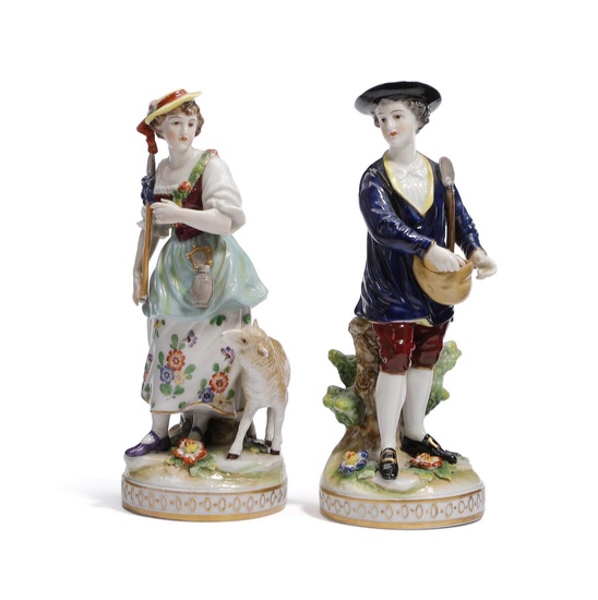 Two porcelain figurines decorated in overglaze colours and gold, mark of Volkstedt-Rudolstadt....
