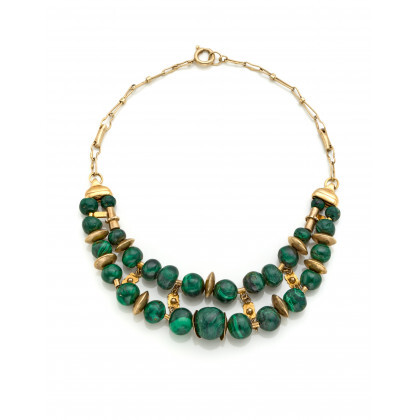 Two strand graduated malachite bead, silver and metal necklace, g 133.24 circa, length cm 44 circa. (defects)