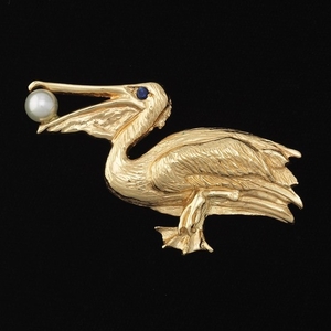 Unusual Gold, Pearl and Blue Sapphire Pelican Pin/Brooch