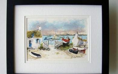 Urbain Huchet Cottages in Chausey lithograph signed