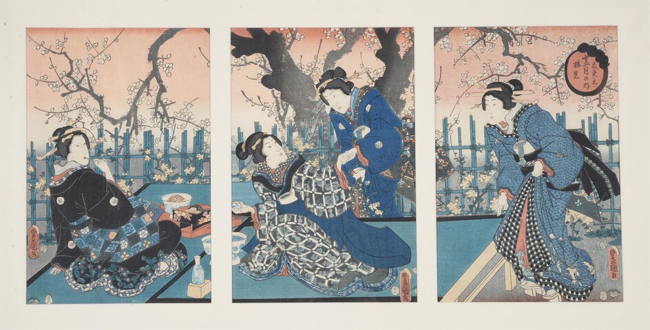 Utagawa Kunisada (Toyokuni III): Nine woodblock printed ukiyo-e triptychs