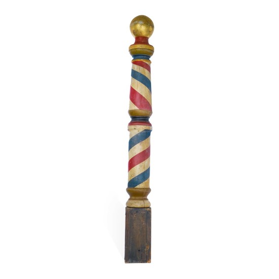 VERY LARGE TURNED AND POLYCHROME PAINT-DECORATED PINE BARBER POLE, PROBABLY VIRGINIA, CIRCA 1865