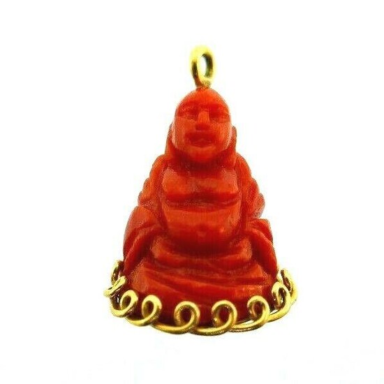 VINTAGE French 18k Yellow Gold & Carved Coral Buddha