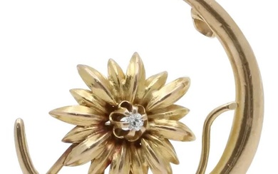 Victorian 10K Yellow Gold Crescent & Chrysanthemum Flower Diamond Pin