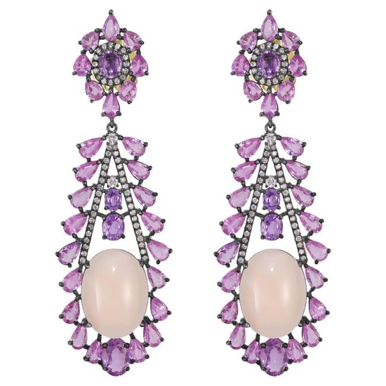 Victorian 27.85 Cttw. Peach Coral, Diamond and Multi Sapphire Floral Earrings