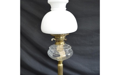 Victorian brass oil lamp with cut glass reservoir and white ...