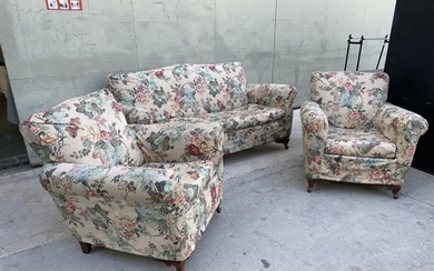 Vintage 1960's 3-Seat Sofa and 2 Relax Armchairs with Flower...