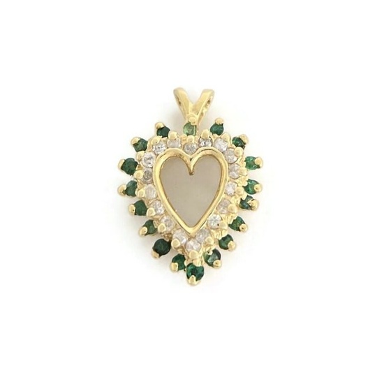 Vintage Diamond Emerald Open Heart Necklace Pendant 14K Yellow Gold, 2.67 Grams