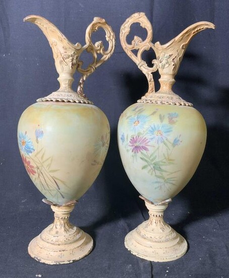 Vintage Pair Decorative Painted Glass Claret Jugs