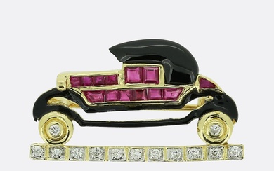 Vintage Ruby Onyx and Diamond Classic Car Brooch
