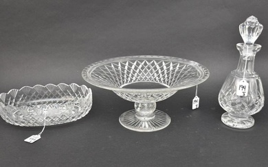 Waterford Crystal Bowl & Decanter w/ Crystal Centerpiece - A) Waterford Oval Bowl, scalloped rim, 10