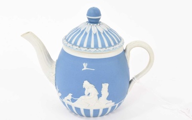 Wedgwood blue jasper dip solitaire teapot and cover, applied with ‘Lady Templeton’s Domestic Employment’ and ‘Poor Maria’, circa 1785