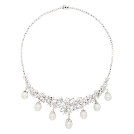 White Gold, Cultured Pearl and Diamond Necklace