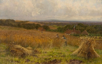 William Alfred Ellerby, British 1856-1932- A summer landscape with harvesting; oil on canvas, signed 'W.A. Elleby.' (lower left), 30.8 x 46 cm. Provenance: Private Collection, UK.