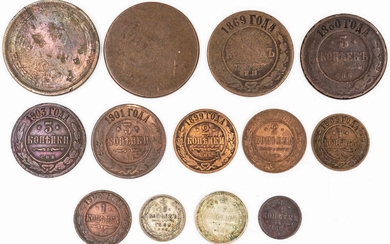 לוט מטבעות רוסיה הצארית: 1. לוט 2 מטבעות של 5 קופיקה, שנים 1834 ו-1865, מצב שחוק. 2. לוט 2 מטבעות של 5 קופיקות, שנים 1880 ו-1869. 3. לוט 2 מטבעות של 3 קופיקות, שנים 1901 ו-1903. 4. לוט 2 מטבעות של 2 קופיקות, שנים 1899 ו-1914. 5. לוט 2 מטבעות של 1...