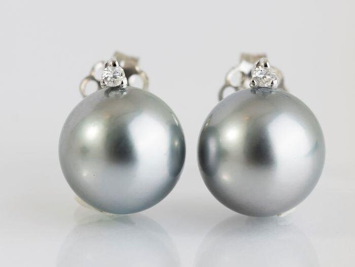 14 kt. Tahitian pearls, White gold - Earrings - 0.04 ct