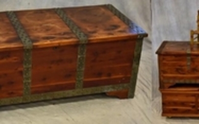 (3) cedar chests, small painted rush seat chair