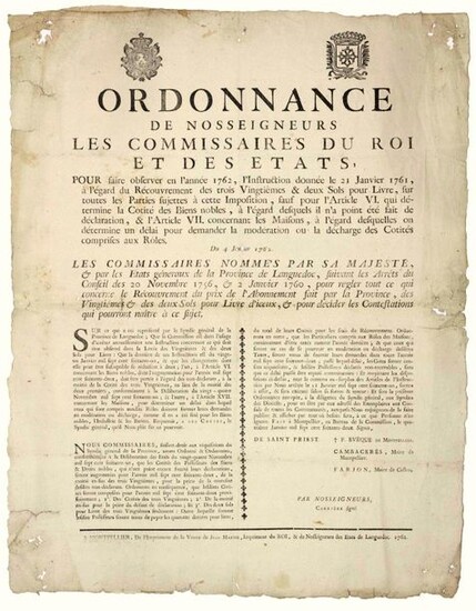 1762. LANGUEDOC. GOODS & NOBLE RIGHTS. ORDER of Our Lords The Commissioners of the King and of the GENERAL STATES of the Province of Languedoc: DE SAINT PRIEST, + F. Bishop of MONTPELLIER, CAMBACÈRES, Mayor of MONTPELLIER, FARGO Mayor of CASTRES. 2...