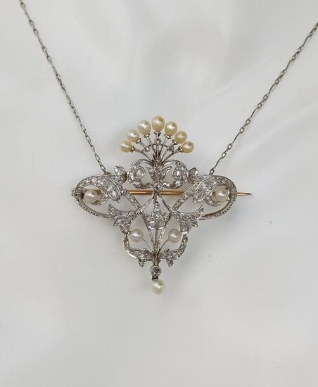 18 kt. Gold - Brooch, Necklace with pendant Diamond - Diamonds, Pearls
