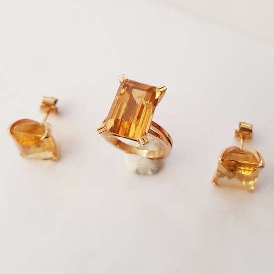 18 kt. Yellow gold - Earrings, Ring Topazs - Diamond