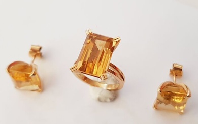 18 kt. Yellow gold - Earrings, Ring Topazs - Diamond