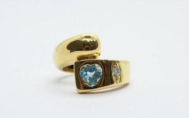 18 kt. Yellow gold - Ring - 0.06 ct Diamond - Aquamarine