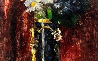 1890's French Impressionist Signed Oil Still Life Flowers in Vase Beautiful Work