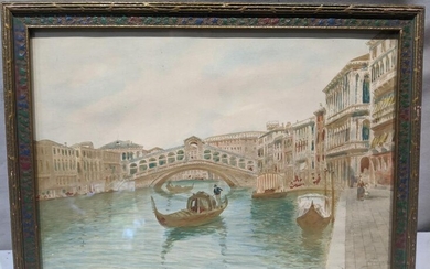 1920s Signed Rialto Bridge Venice Watercolor Painting
