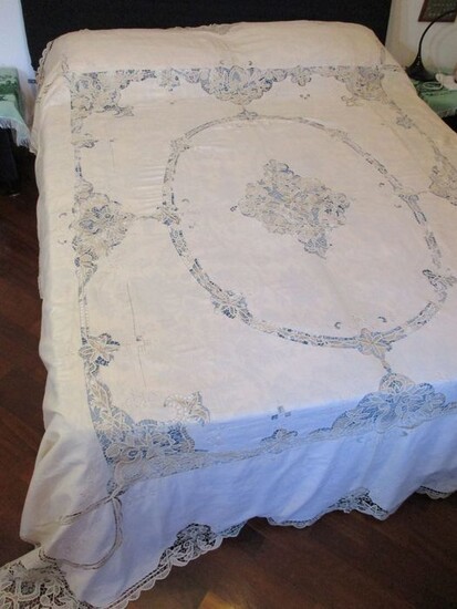 1960 Double Bedspread Chicchierino processing with hand embroidery - Linen - Second half 20th century