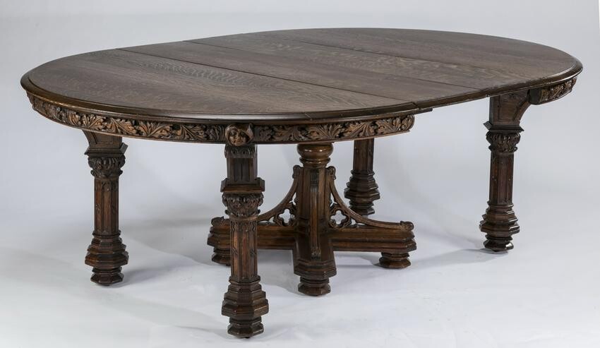 19th c. carved oak Gothic Revival table w/ 2 leaves