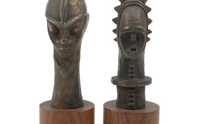 2 African Bronze Fetish Ambete Bust Figures Mounted on Wooden Bases 8.75 in. height