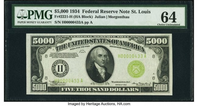 20095: Fr. 2221-H $5,000 1934 Federal Reserve Note. PMG